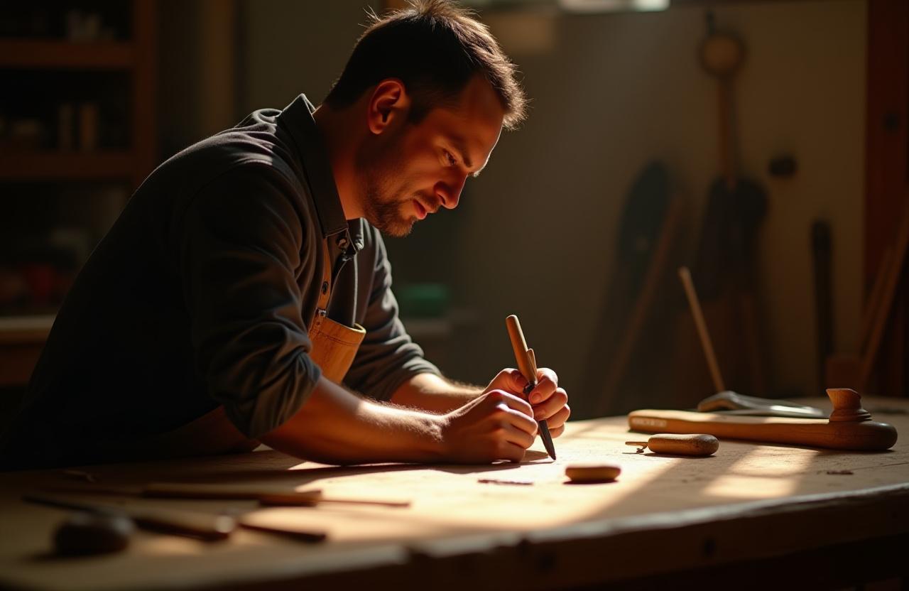 Artisan woodworker measuring fine walnut timber